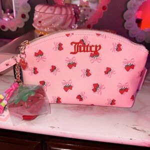 Juicy Couture Strawberry Print Cosmetic Travel Bag with Strawberry Mirror Charm